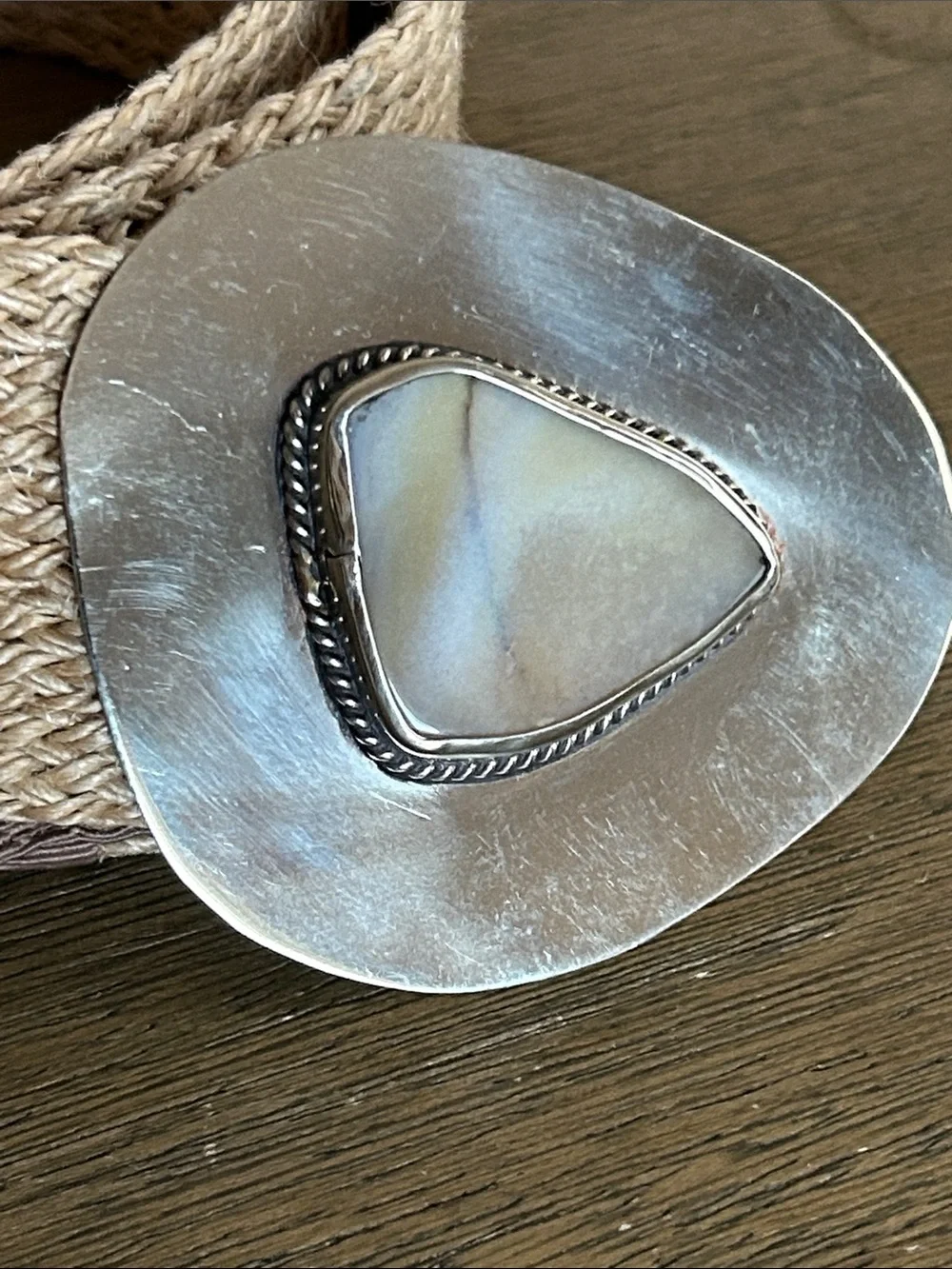 Vintage Y2K Jute Woven Belt Silver Statement Buckle W/ Mother Of Pearl Inlay.